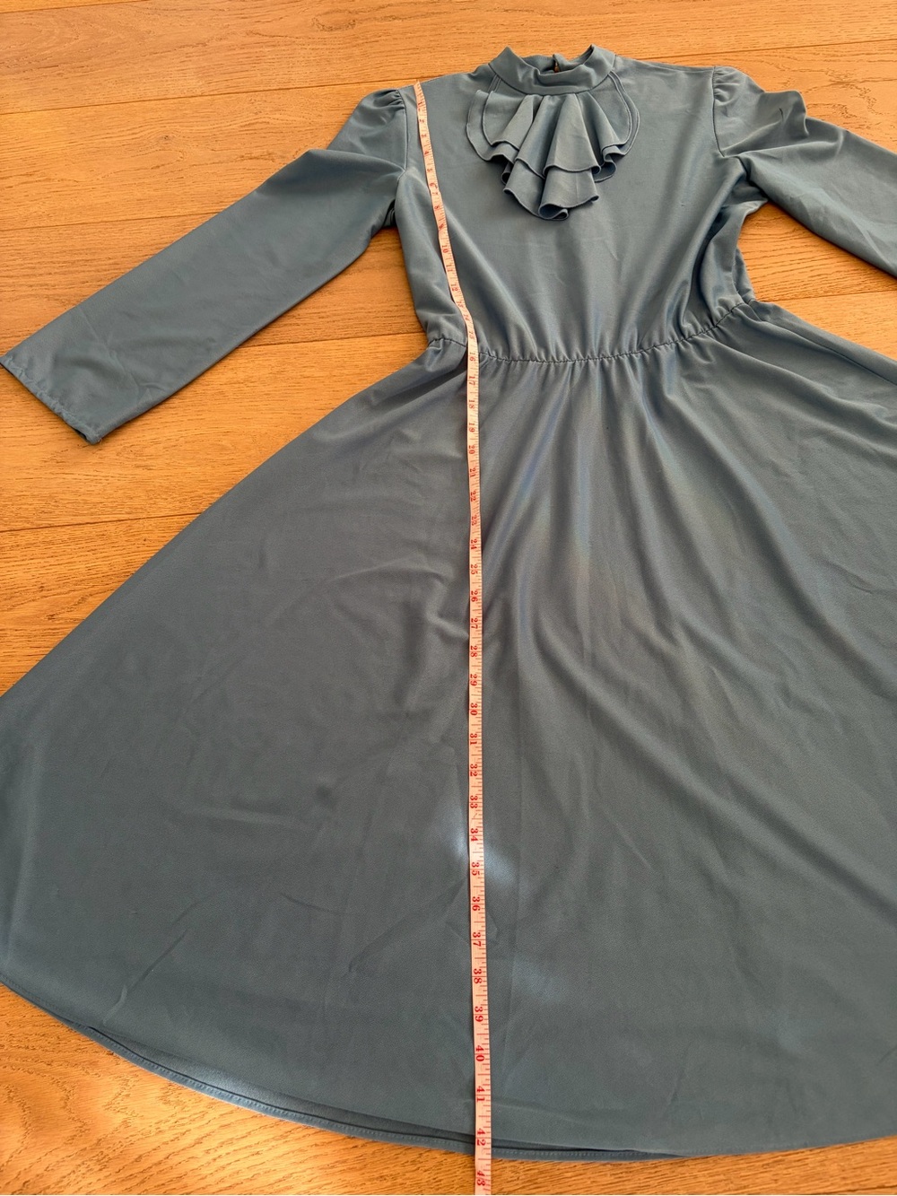 Vintage Dusty Blue Long-Sleeve Ruffle-Neck Fit-and-Flare Dress - Picture 4 of 7